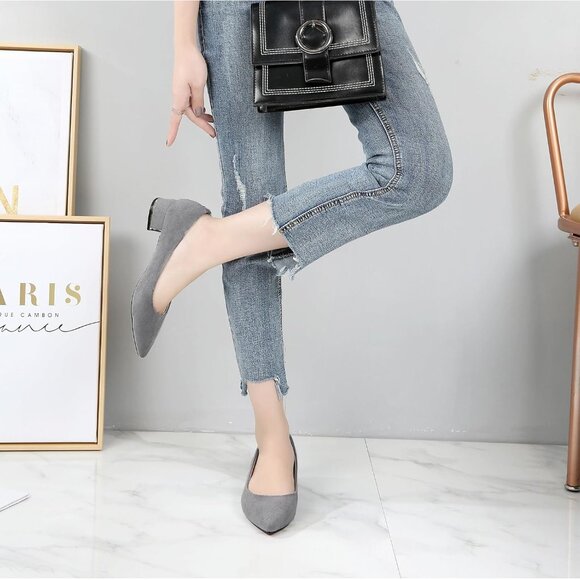 Women's Grey Suede Low Heels Stacked Block Heeled Causal Flats Pumps Shoes - Picture 6 of 7